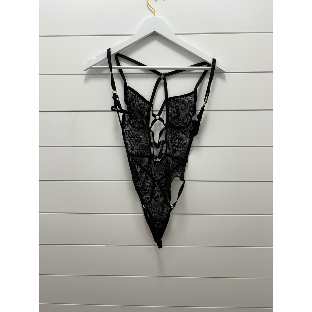 Victoria's Secret Strappy Lace Teddy Bodysuit Black White Animal Print Small